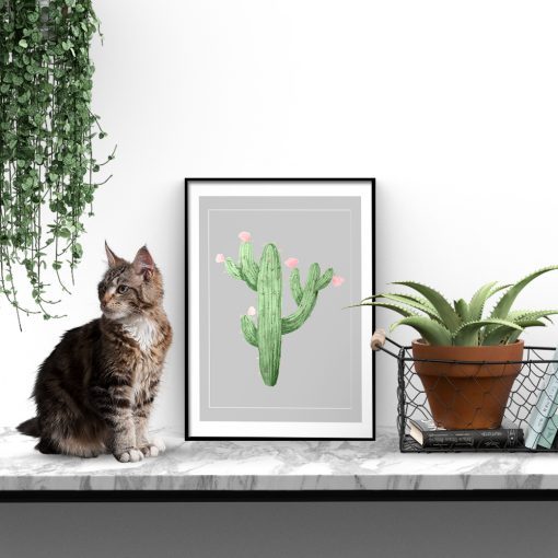 Szary plakat z zielonym kaktusem do salonu