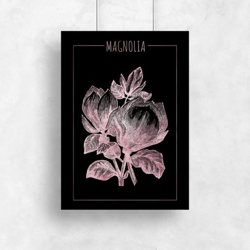 Różowo-złoty plakat z motywem magnolii