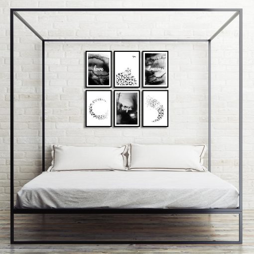 Czarno-biała galeria plakatów do sypialni