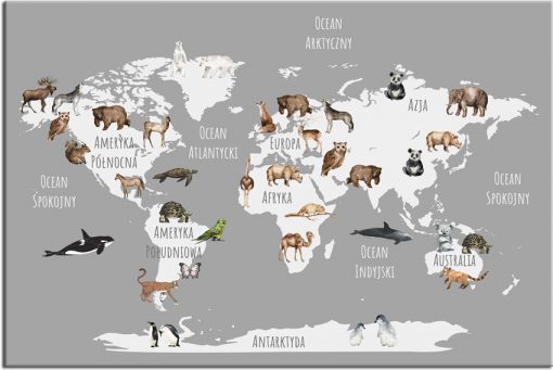 Plakat mapa ze zwierzętami na świecie
