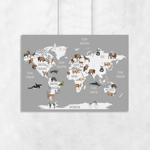 Plakat mapa ze zwierzętami na świecie