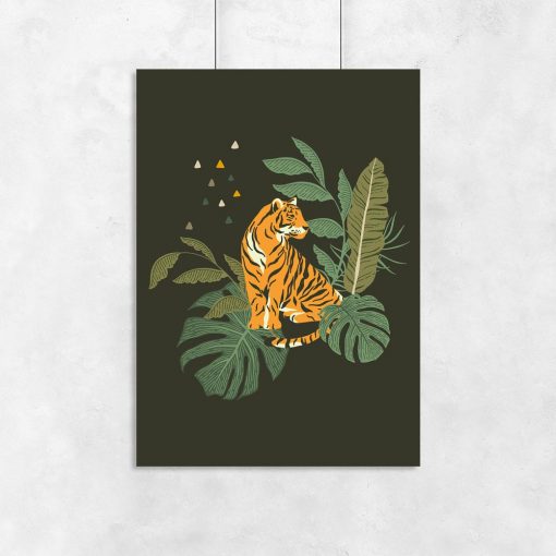 Plakat z tygrysem i liśćmi