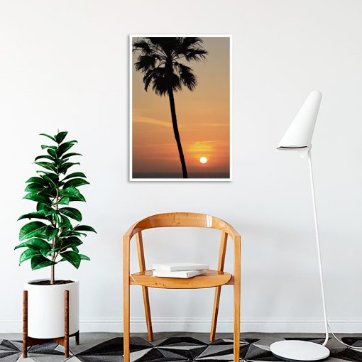 Plakat zachodzące słońce i palma