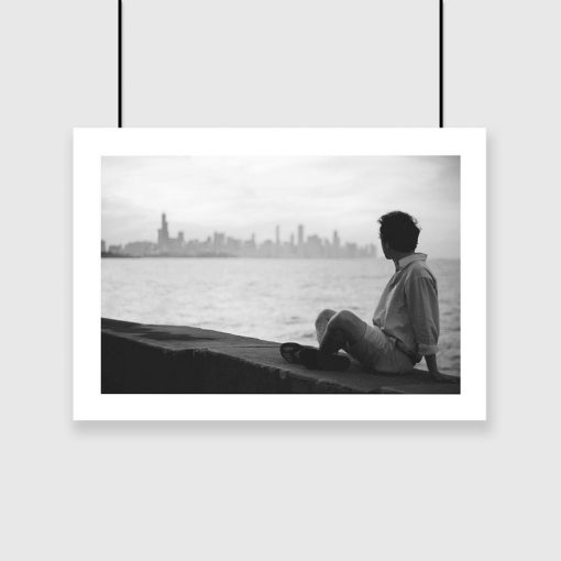 Plakat mężczyzna i miejska panorama