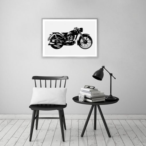 plakat czarno-biały motocykl