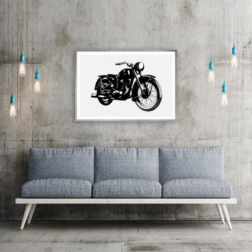 plakat czarno-biały z motocyklem
