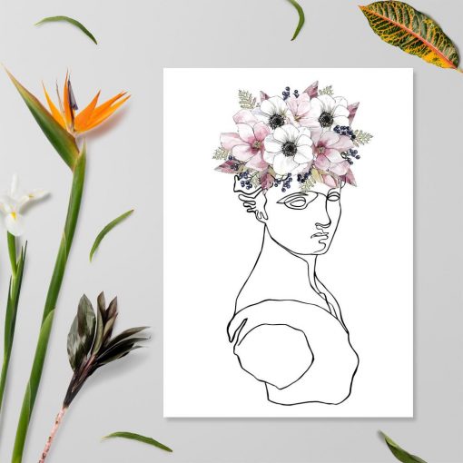 Plakat z rysunkiem kobiety i kwiatami