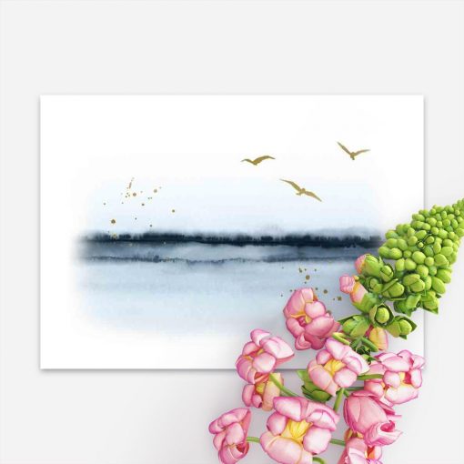 Plakat z ptakami nad jeziorem