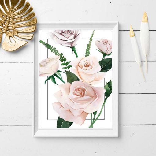 botaniczny plakat z pastelową różą i liściem