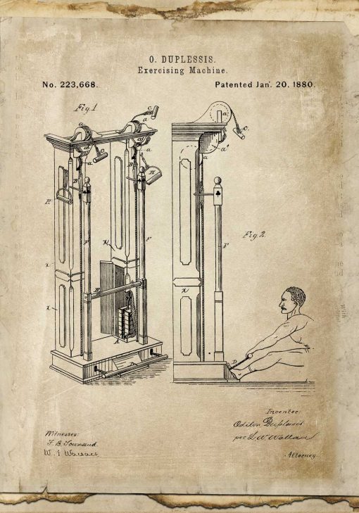 Plakat retro do siłowni z maszyną do ćwiczeń - patent z roku 1880