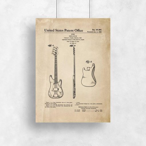 Plakat z patentem gitary basowej do salonu