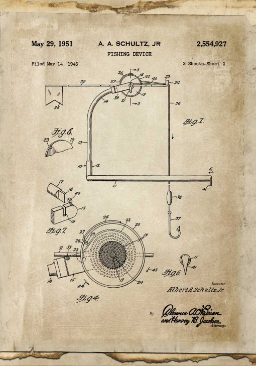 Plakat retro z patentem na kołowrotek do wędki