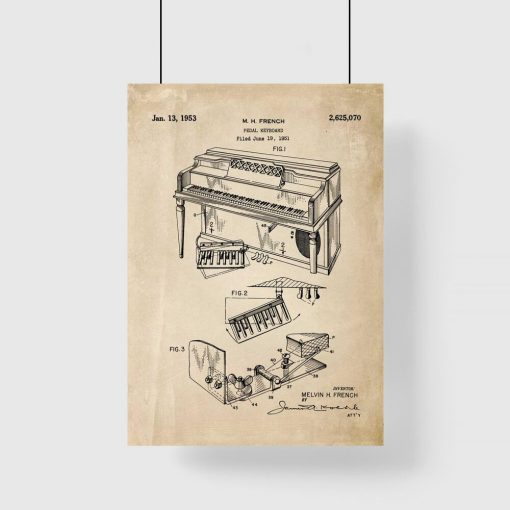 Plakat retro z patentem na pianino dla muzyka