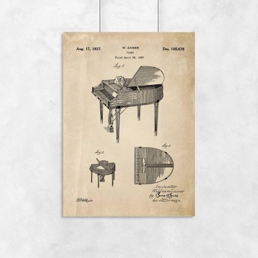 Plakat retro z rysunkiem opisowym fortepianu dla muzyka