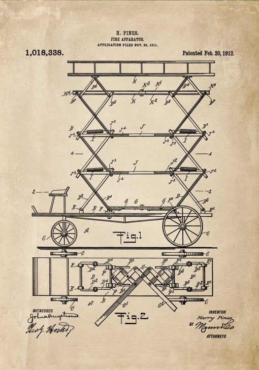 Plakat vintage patent na drabinę do gaszenia pożarów
