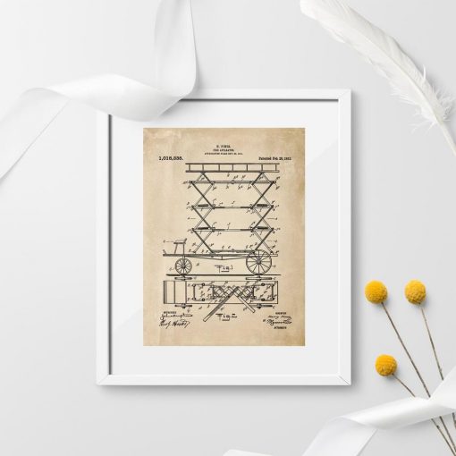 Plakat vintage patent na mechaniczna drabinę pożarniczą