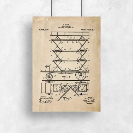 Plakat vintage z patentem na pierwszy wóz strażacki
