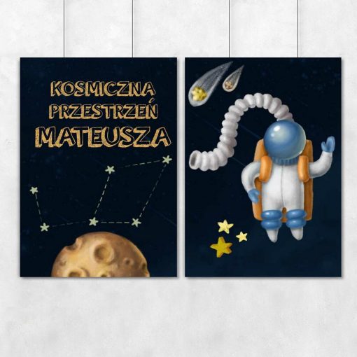 Dwa plakaty z kosmonautą i imieniem dziecka