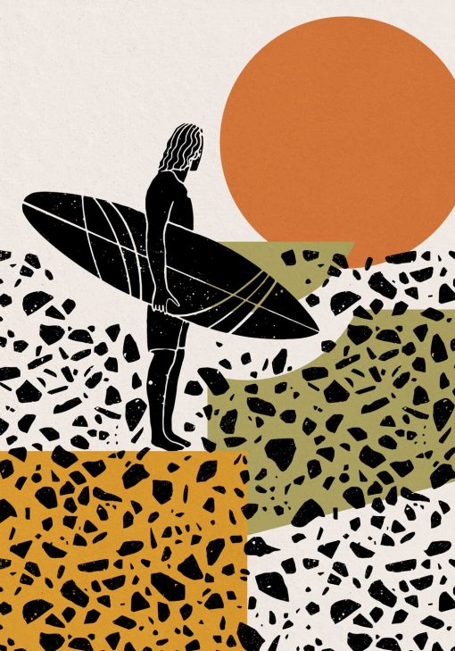 Plakat surfer na plaży na tle zachodzącego słońca