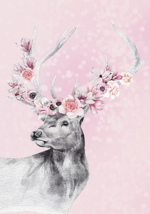Różowy plakat z motywem jelenia i kwiatów do oprawienia w ramę