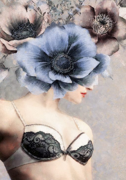 Plakat kobieta w bieliźnie i niebieski kwiat do powieszenia w salonie