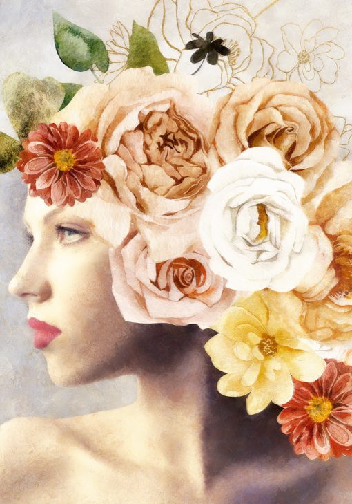 Plakat z kobietą i kwiatami