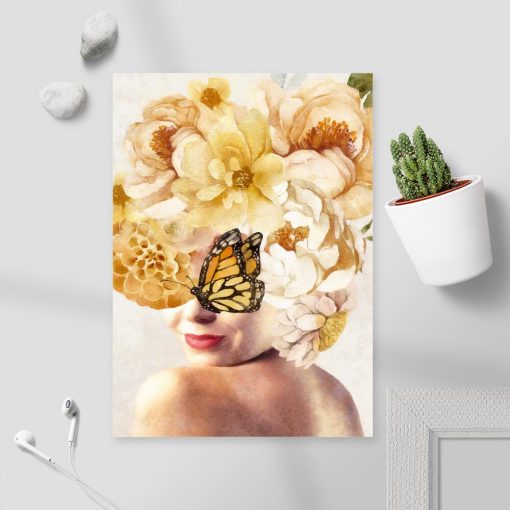 Plakat z żółtymi kwiatami na kobiecej głowie