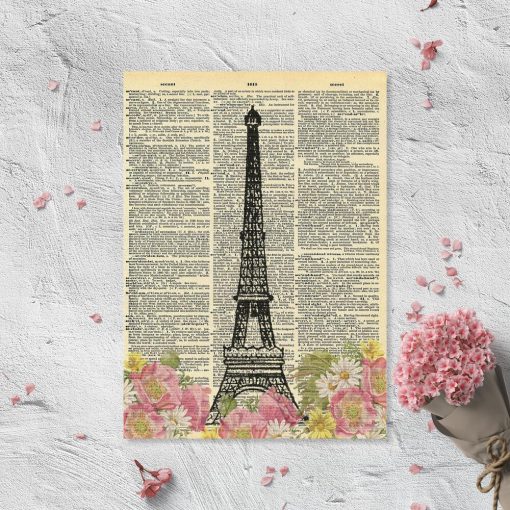 Plakat - kwiaty i wieża Eiffla na drukowanej stronie