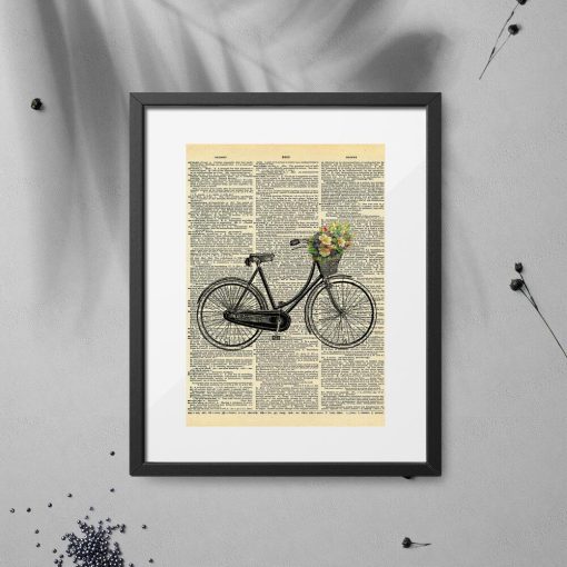 Plakat z rowerem i kwiatami na tle druku